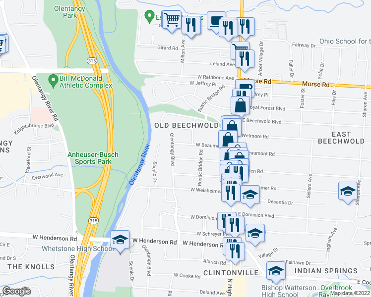 map of restaurants, bars, coffee shops, grocery stores, and more near 132 Nottingham Road in Columbus