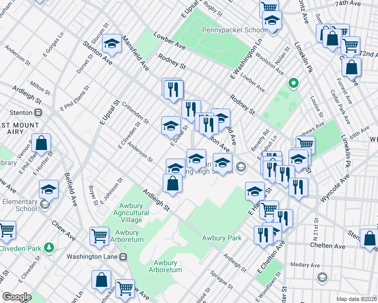 map of restaurants, bars, coffee shops, grocery stores, and more near 1237 Washington Lane in Philadelphia