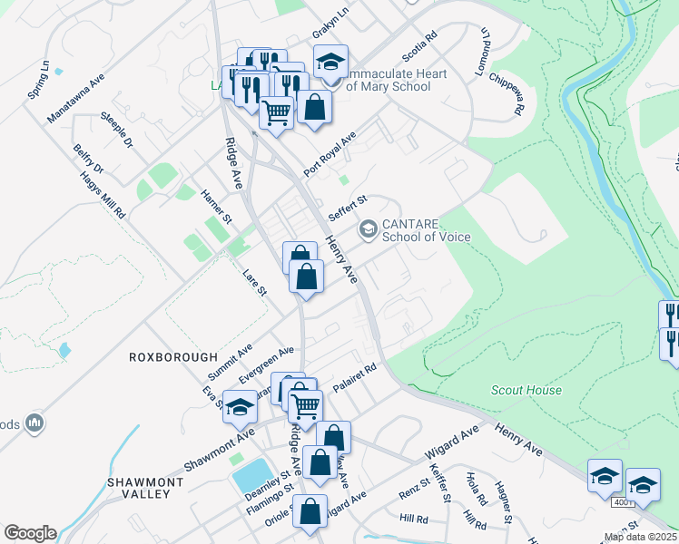 map of restaurants, bars, coffee shops, grocery stores, and more near 664 Summit Avenue in Philadelphia
