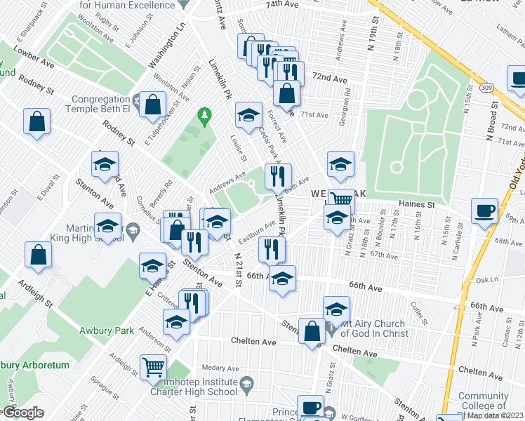map of restaurants, bars, coffee shops, grocery stores, and more near 2040 Haines Street in Philadelphia