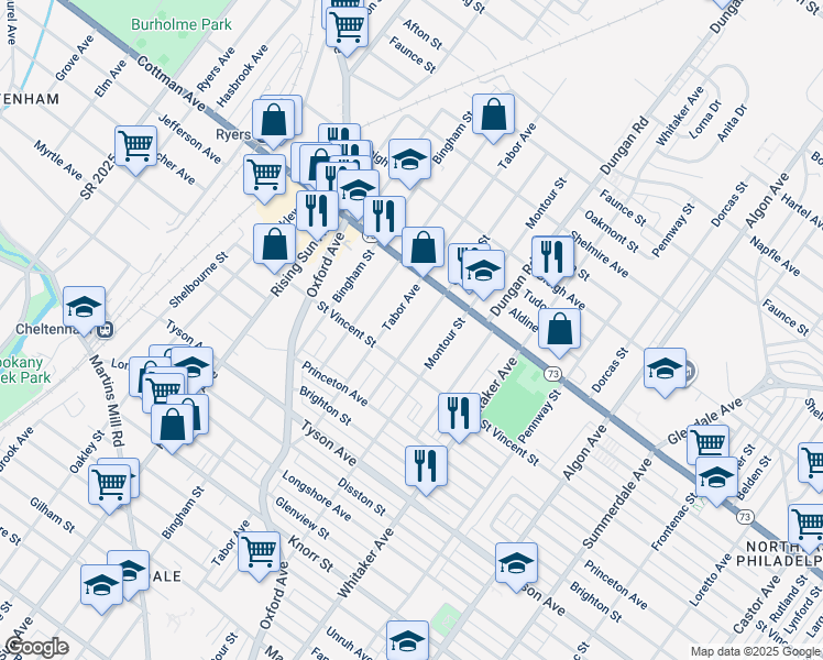 map of restaurants, bars, coffee shops, grocery stores, and more near 7224 Claridge Street in Philadelphia