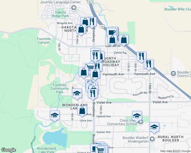 map of restaurants, bars, coffee shops, grocery stores, and more near 4580 Broadway Street in Boulder