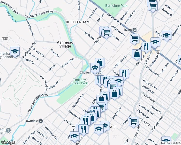 map of restaurants, bars, coffee shops, grocery stores, and more near 122 Old Soldiers Road in Cheltenham