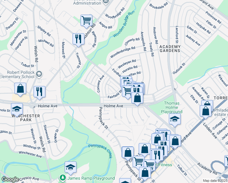 map of restaurants, bars, coffee shops, grocery stores, and more near 3042 Tremont Street in Philadelphia