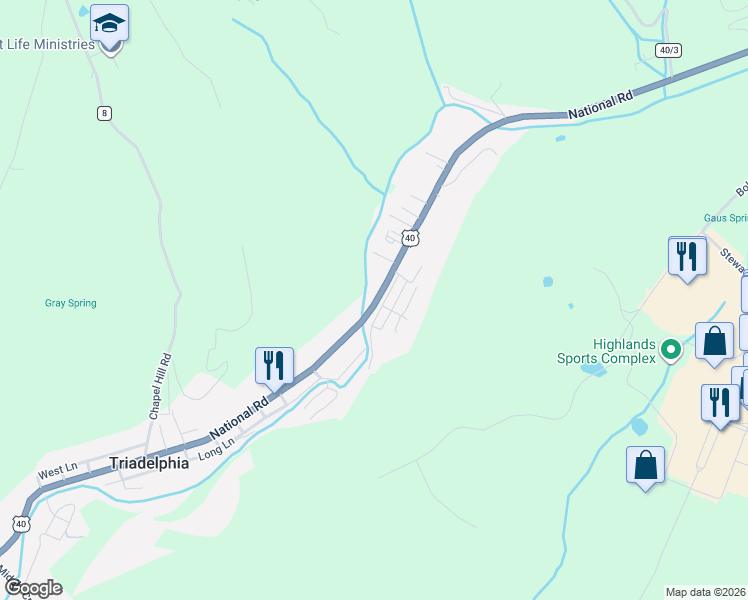 map of restaurants, bars, coffee shops, grocery stores, and more near Victory Hwy in Triadelphia