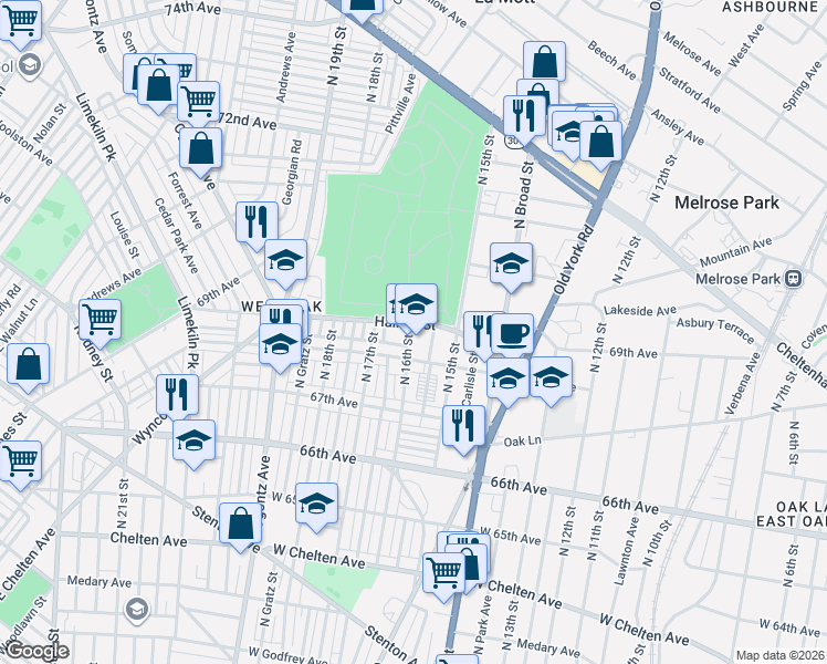 map of restaurants, bars, coffee shops, grocery stores, and more near 6801 North 16th Street in Philadelphia