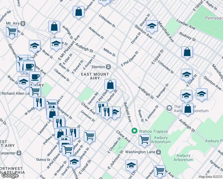 map of restaurants, bars, coffee shops, grocery stores, and more near 427 East Hortter Street in Philadelphia