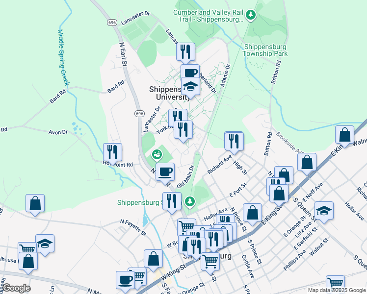 map of restaurants, bars, coffee shops, grocery stores, and more near 1871 Old Main Drive in Shippensburg