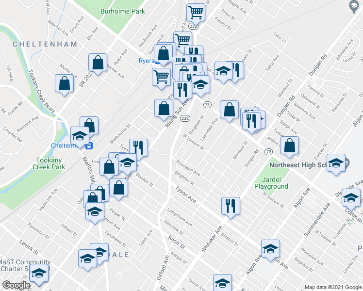map of restaurants, bars, coffee shops, grocery stores, and more near 7131 Bingham Street in Philadelphia