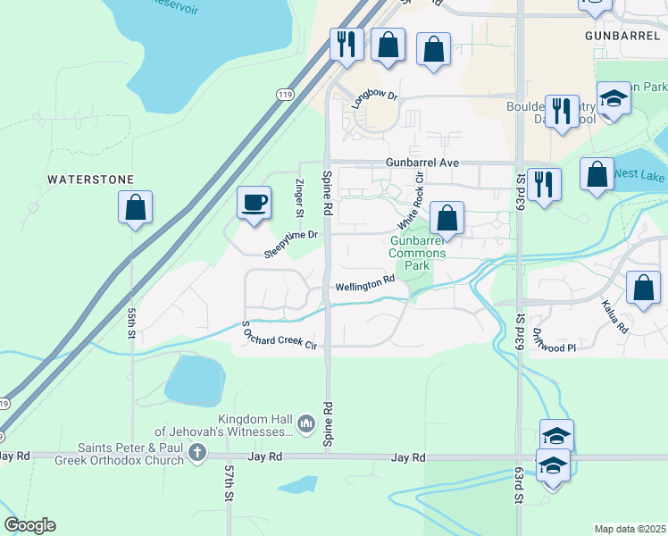 map of restaurants, bars, coffee shops, grocery stores, and more near 5903 Wellington Road in Boulder