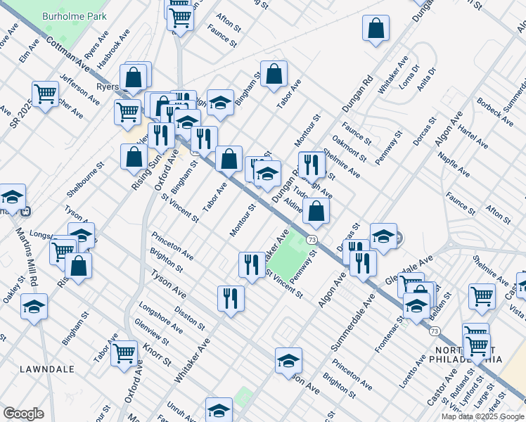 map of restaurants, bars, coffee shops, grocery stores, and more near 1312 Cottman Avenue in Philadelphia