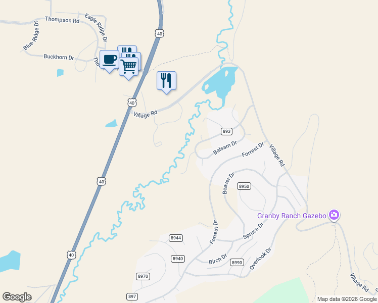 map of restaurants, bars, coffee shops, grocery stores, and more near Willow Dr in Granby