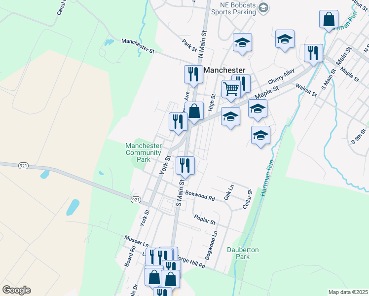 map of restaurants, bars, coffee shops, grocery stores, and more near 44 South Main Street in Manchester