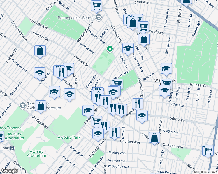map of restaurants, bars, coffee shops, grocery stores, and more near 6967 North Wister Street in Philadelphia