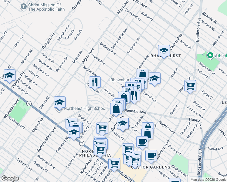 map of restaurants, bars, coffee shops, grocery stores, and more near 7638 Loretto Avenue in Philadelphia