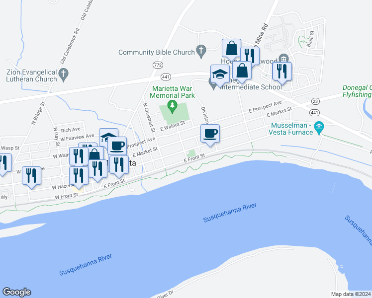 map of restaurants, bars, coffee shops, grocery stores, and more near 19 South Pine Street in Marietta