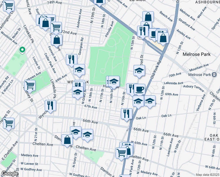 map of restaurants, bars, coffee shops, grocery stores, and more near 1616 Haines Street in Philadelphia