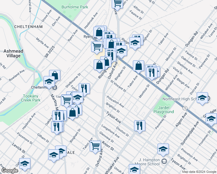 map of restaurants, bars, coffee shops, grocery stores, and more near 7130 Bingham Street in Philadelphia