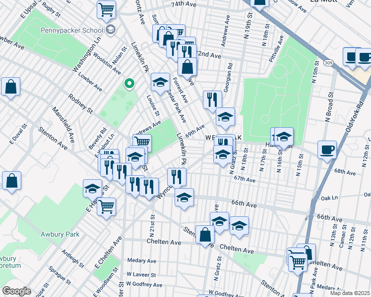 map of restaurants, bars, coffee shops, grocery stores, and more near 2050 East Rittenhouse Street in Philadelphia