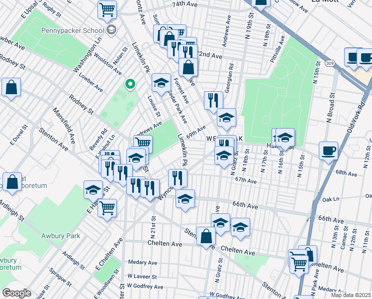 map of restaurants, bars, coffee shops, grocery stores, and more near 2050 East Rittenhouse Street in Philadelphia