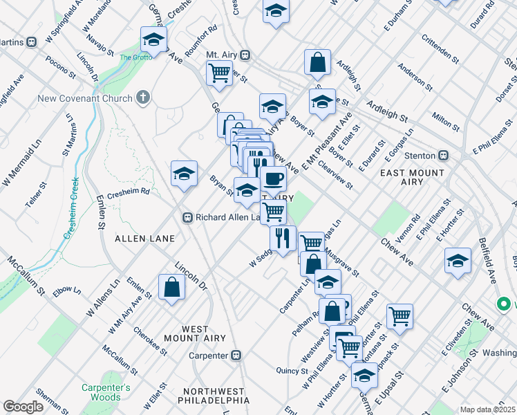 map of restaurants, bars, coffee shops, grocery stores, and more near 25 West Mount Pleasant Avenue in Philadelphia
