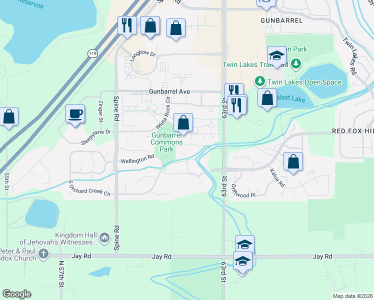 map of restaurants, bars, coffee shops, grocery stores, and more near 4584 Robinson Place in Boulder