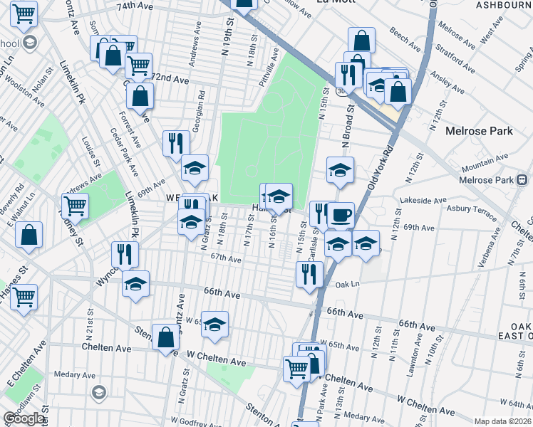 map of restaurants, bars, coffee shops, grocery stores, and more near 6801 North 16th Street in Philadelphia