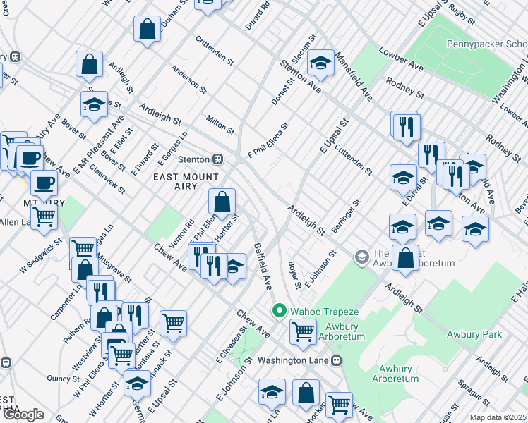 map of restaurants, bars, coffee shops, grocery stores, and more near 6607 Blakemore Street in Philadelphia