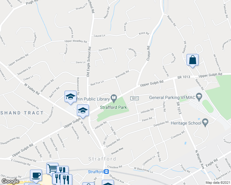 map of restaurants, bars, coffee shops, grocery stores, and more near 593 Upper Gulph Road in Strafford