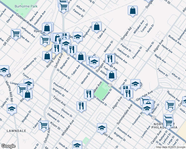 map of restaurants, bars, coffee shops, grocery stores, and more near 1312 Cottman Avenue in Philadelphia