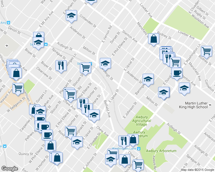 map of restaurants, bars, coffee shops, grocery stores, and more near 6607 Blakemore Street in Philadelphia