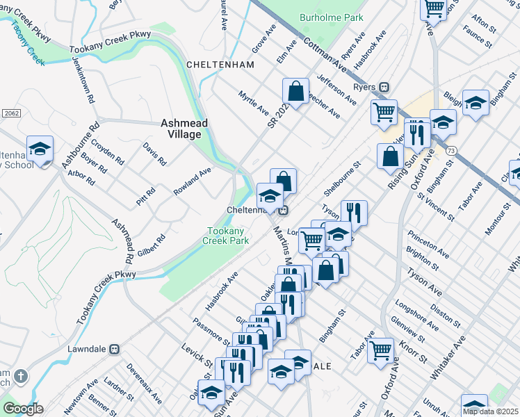 map of restaurants, bars, coffee shops, grocery stores, and more near 122 Old Soldiers Road in Cheltenham