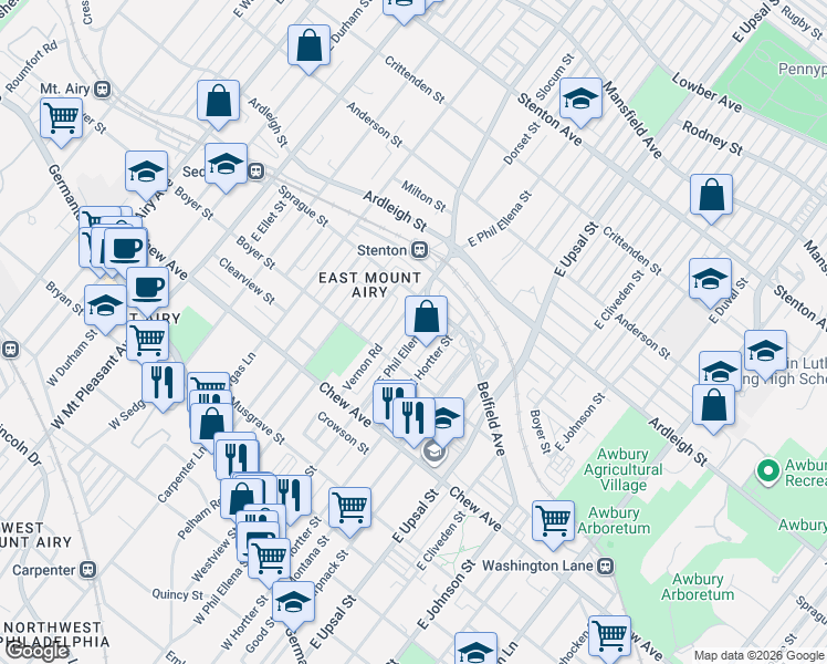 map of restaurants, bars, coffee shops, grocery stores, and more near 427 East Hortter Street in Philadelphia