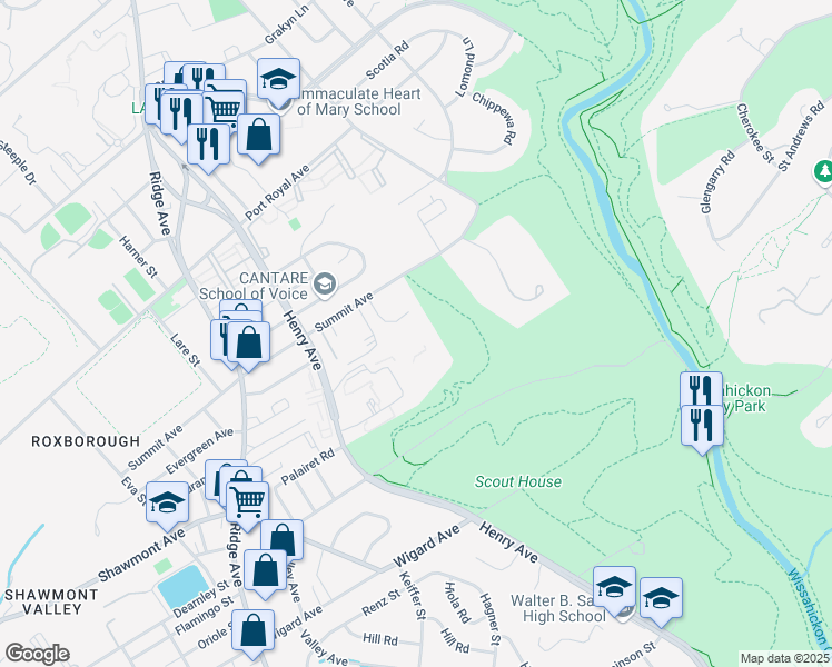map of restaurants, bars, coffee shops, grocery stores, and more near 7901 Henry Avenue in Philadelphia