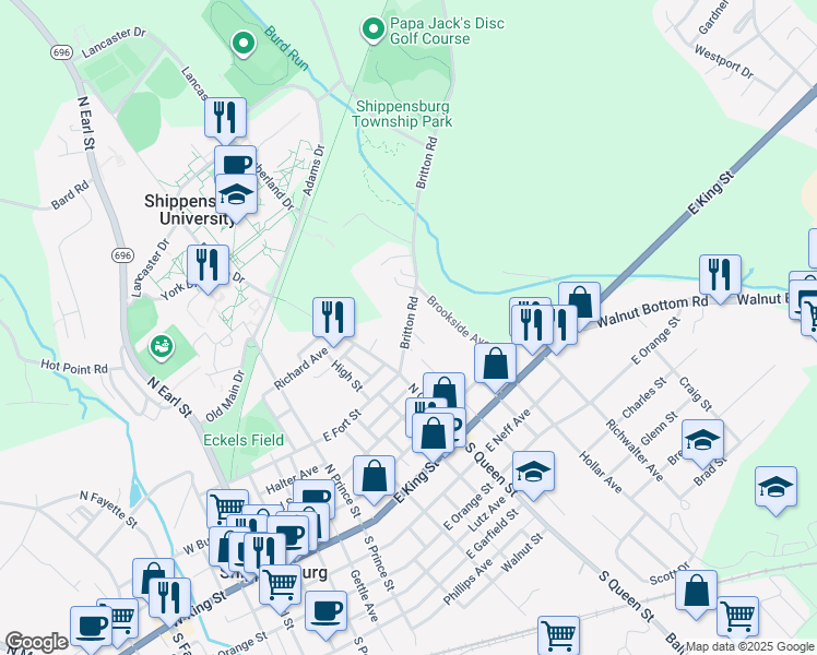 map of restaurants, bars, coffee shops, grocery stores, and more near 201 North Queen Street in Shippensburg