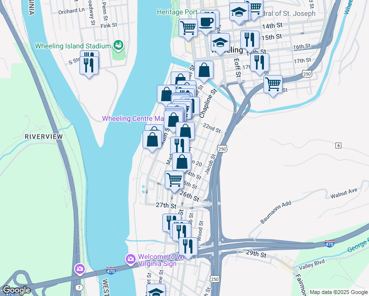 map of restaurants, bars, coffee shops, grocery stores, and more near 2314 Chapline Street in Wheeling