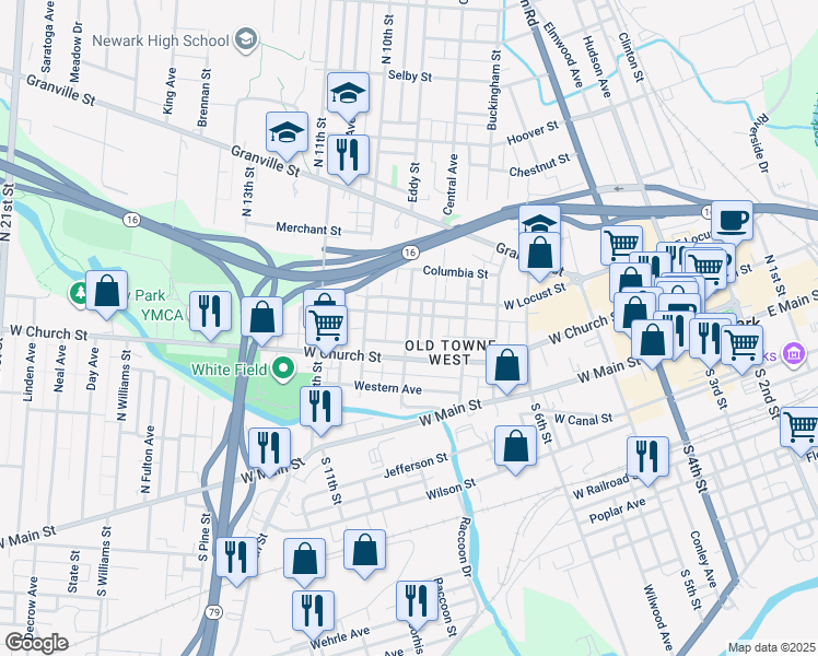 map of restaurants, bars, coffee shops, grocery stores, and more near 282 West Church Street in Newark