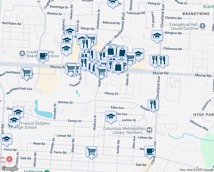 map of restaurants, bars, coffee shops, grocery stores, and more near 2160 Fitzroy Drive in Columbus