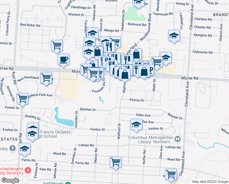 map of restaurants, bars, coffee shops, grocery stores, and more near 4370 Le Marie Place in Columbus