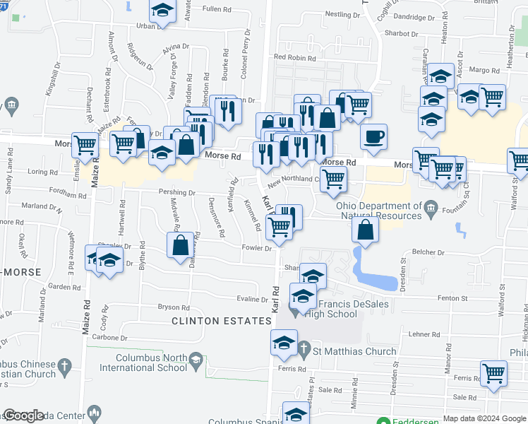 map of restaurants, bars, coffee shops, grocery stores, and more near 4426 Kimmel Road in Columbus