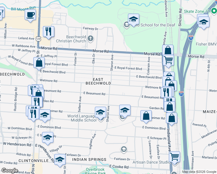 map of restaurants, bars, coffee shops, grocery stores, and more near 410 East Beaumont Road in Columbus