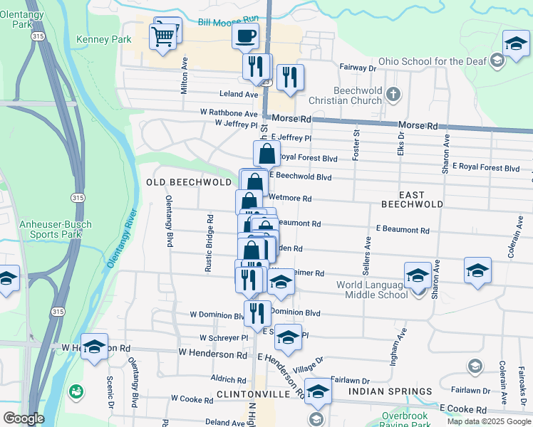 map of restaurants, bars, coffee shops, grocery stores, and more near 21 East Beaumont Road in Columbus