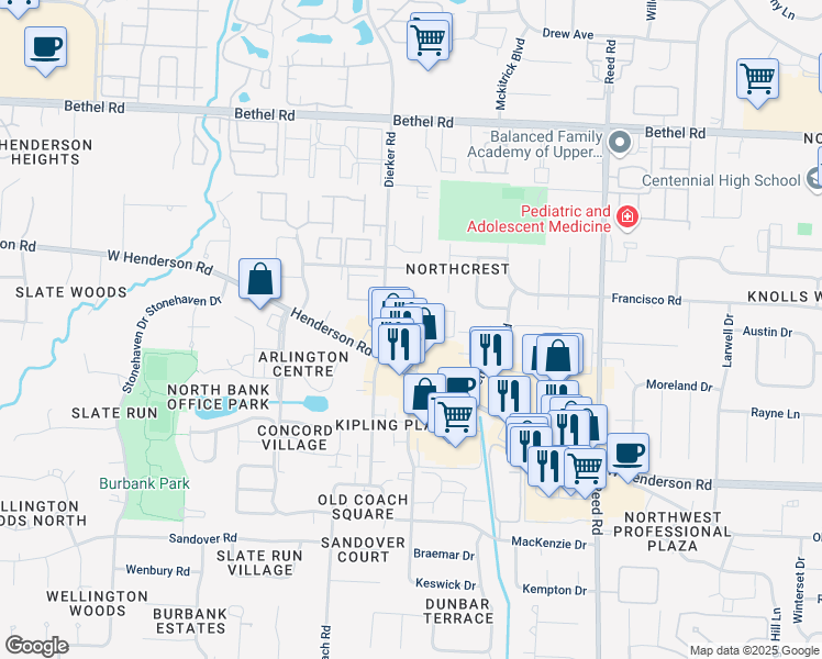 map of restaurants, bars, coffee shops, grocery stores, and more near 2094 West Henderson Road in Columbus