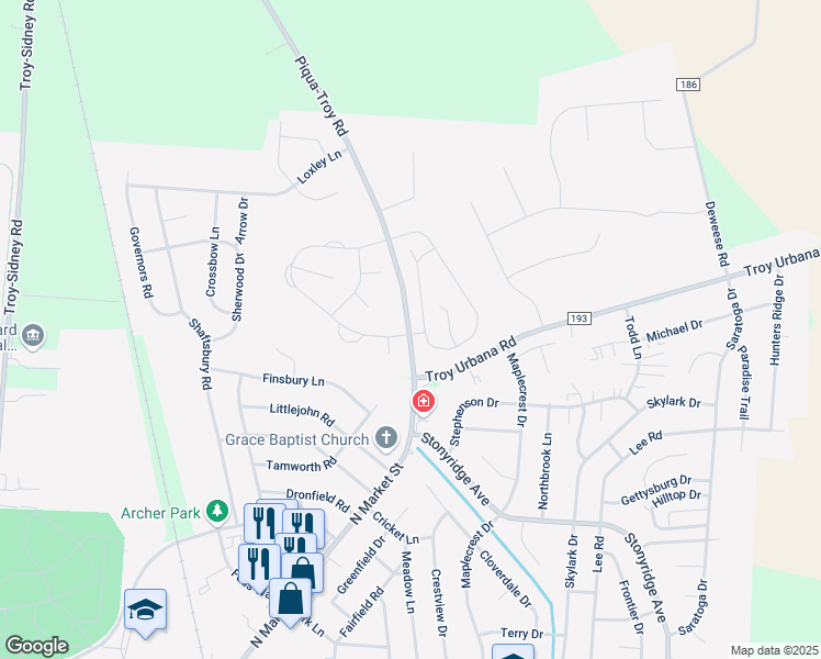map of restaurants, bars, coffee shops, grocery stores, and more near 880 Troy Urbana Road in Troy