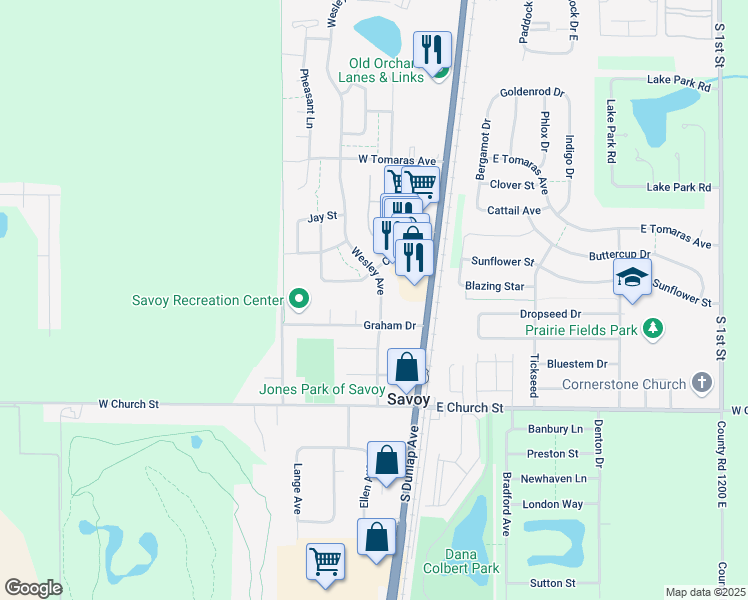 map of restaurants, bars, coffee shops, grocery stores, and more near 306 Wesley Avenue in Savoy