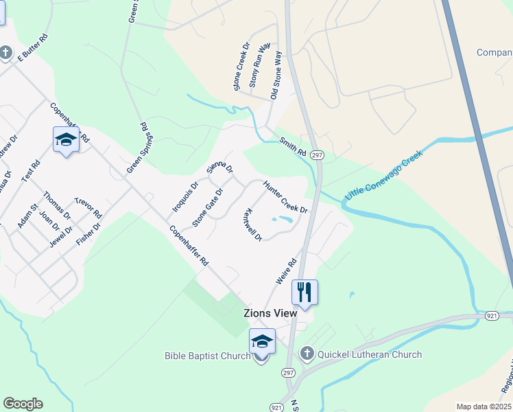 map of restaurants, bars, coffee shops, grocery stores, and more near 225 Kentwell Drive in York