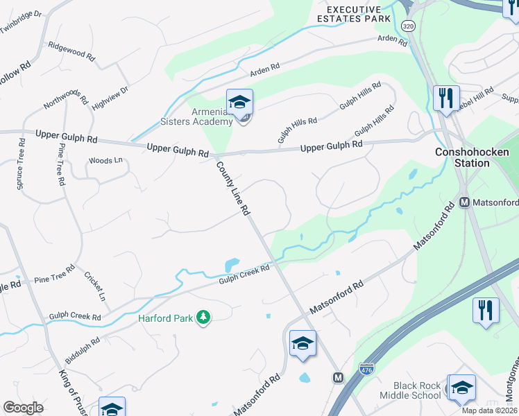 map of restaurants, bars, coffee shops, grocery stores, and more near 1260 County Line Road in Wayne