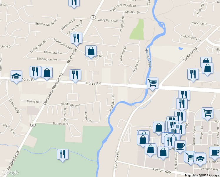map of restaurants, bars, coffee shops, grocery stores, and more near 3230 Indian Head Court in Columbus