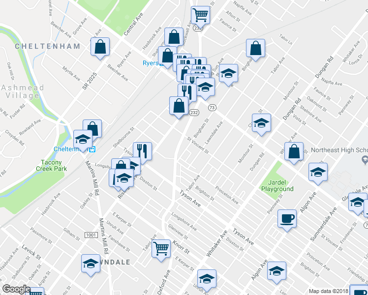 map of restaurants, bars, coffee shops, grocery stores, and more near 7132 Bingham Street in Philadelphia