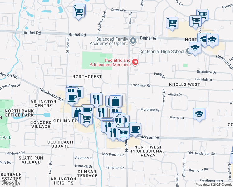 map of restaurants, bars, coffee shops, grocery stores, and more near 1841 Willoway Circle North in Columbus